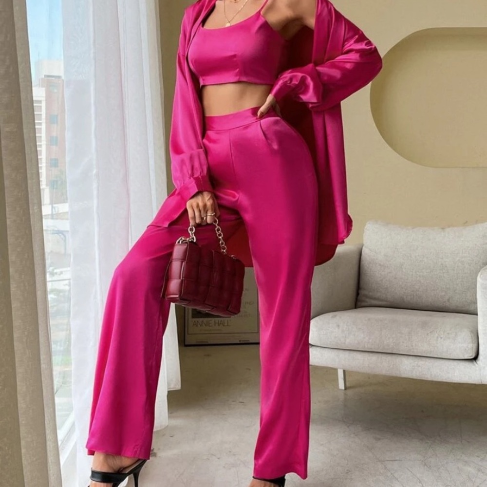 Pink satin top button up and pant two piece set